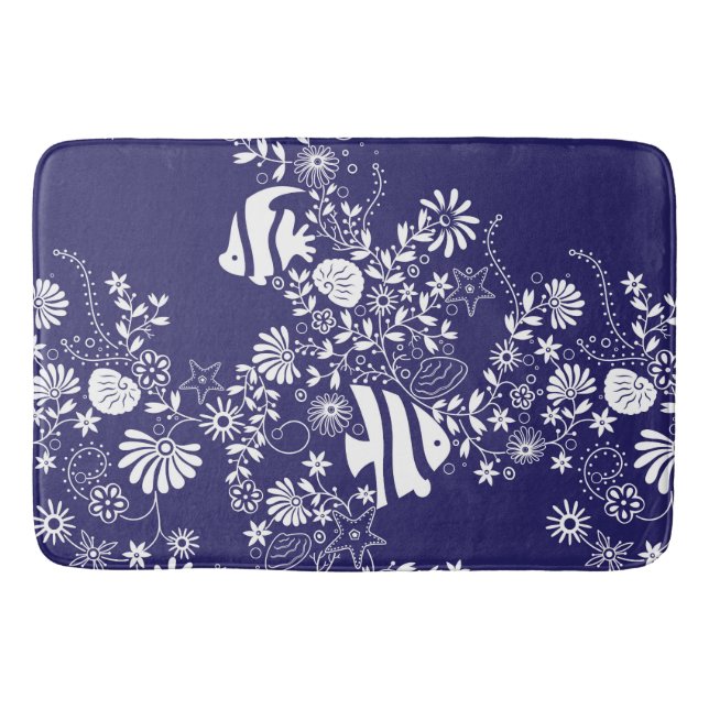 Navy Blue White Ocean Life Pattern Bath Mat (Front)