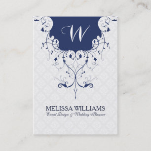 Navy Blue & White Ornate Lace Frame Business Card