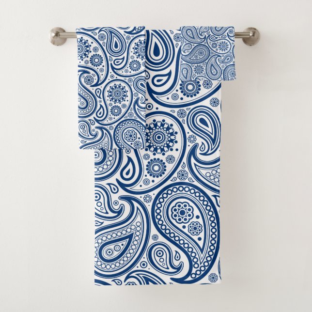 Navy Blue & White Paisley pattern Bath Towel Set (Insitu)