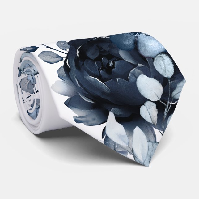 Navy Blue White Peony Eucalyptus Garden Wedding Tie (Rolled)