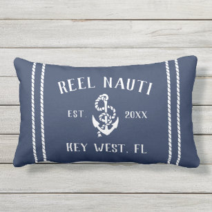 Navy Blue & White Personalized Boat Name Anchor Lumbar Cushion