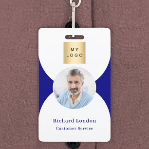 Navy blue white photo arch QR code business logo ID Badge