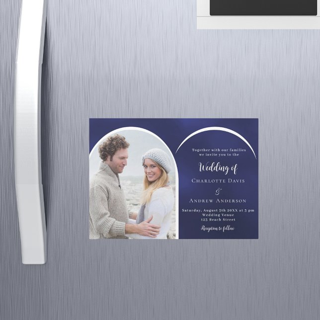 Navy blue white photo arch wedding magnetic invitation (Creator Uploaded)