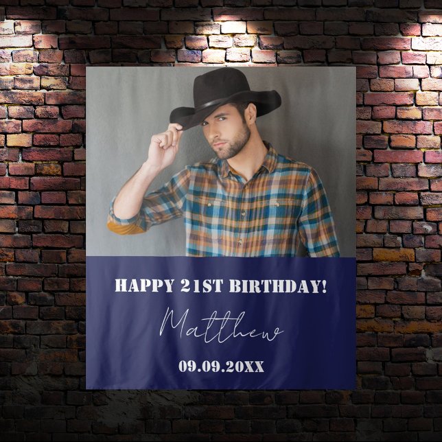 Navy blue white photo guy birthday party tapestry (Creator Uploaded)