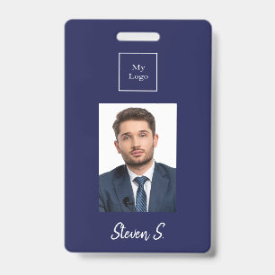 Navy blue white photo name business logo ID badge