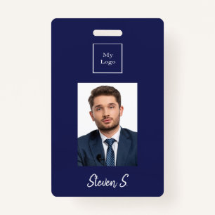 Navy blue white photo name business logo ID badge
