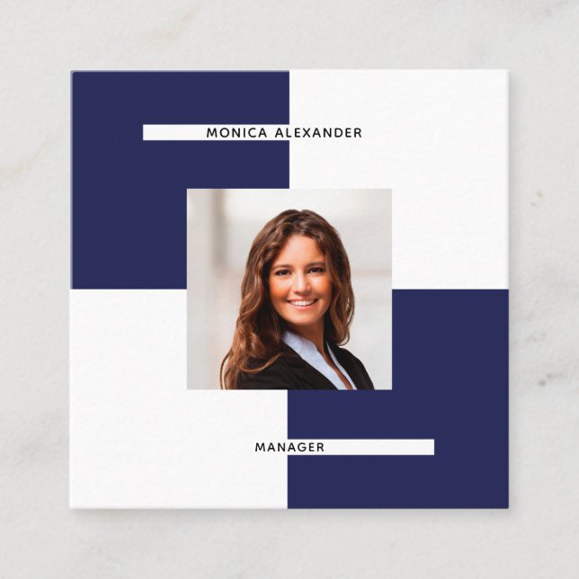 Navy blue white photo QR code modern Square Business Card (Front)