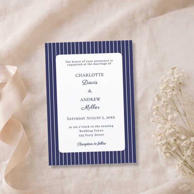 Navy Blue White Pinstriped Wedding  Invitation (Creator Uploaded)