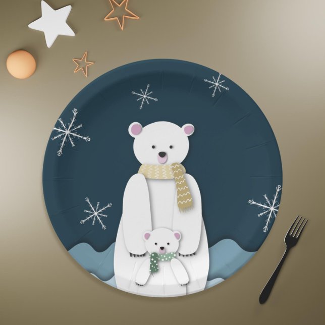 Navy Blue White Polar Bear Mum with Baby Party Paper Plate (Navy Blue White Polar Bear Mom with Baby Party Paper Plates)
