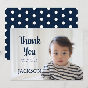 Navy Blue White Polka Dot Child's Birthday Thank Invitation