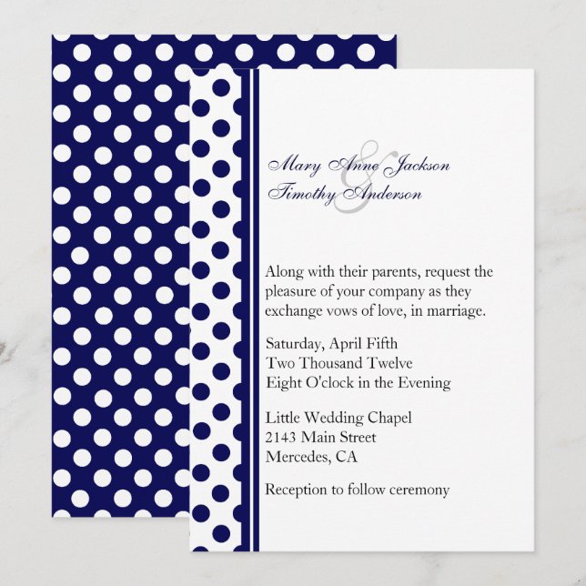 Navy Blue & White Polka Dot Wedding Invitation (Front/Back)