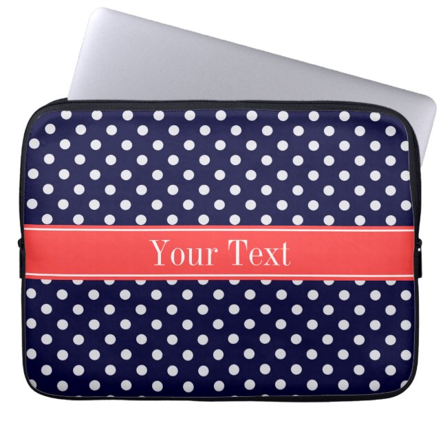 Navy Blue White Polka Dots Coral Name Monogram Laptop Sleeve (Front)