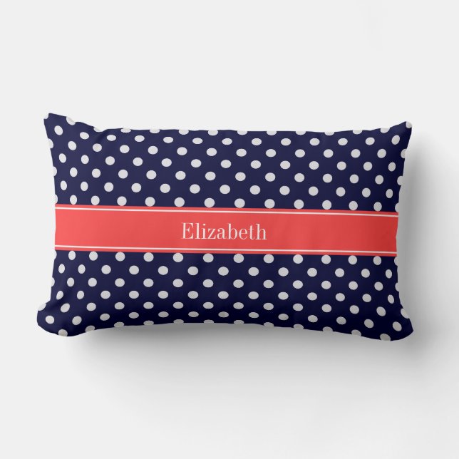 Navy Blue White Polka Dots Coral Name Monogram Lumbar Cushion (Front)