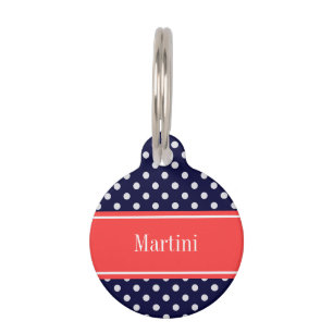Navy Blue White Polka Dots Coral Name Monogram Pet Tag