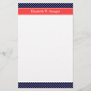 Navy Blue White Polka Dots Coral Name Monogram Stationery