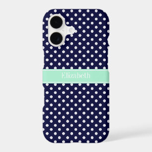 Navy Blue White Polka Dots Mint Name Monogram