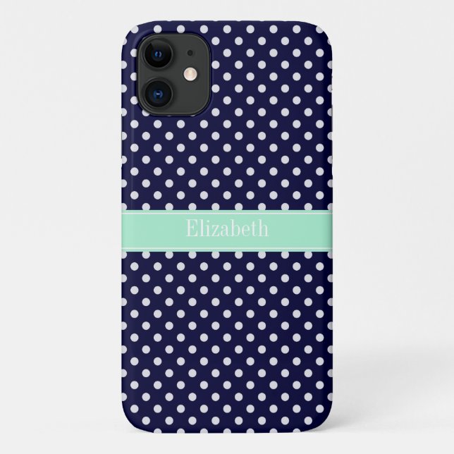 Navy Blue White Polka Dots Mint Name Monogram Case-Mate iPhone Case (Back)