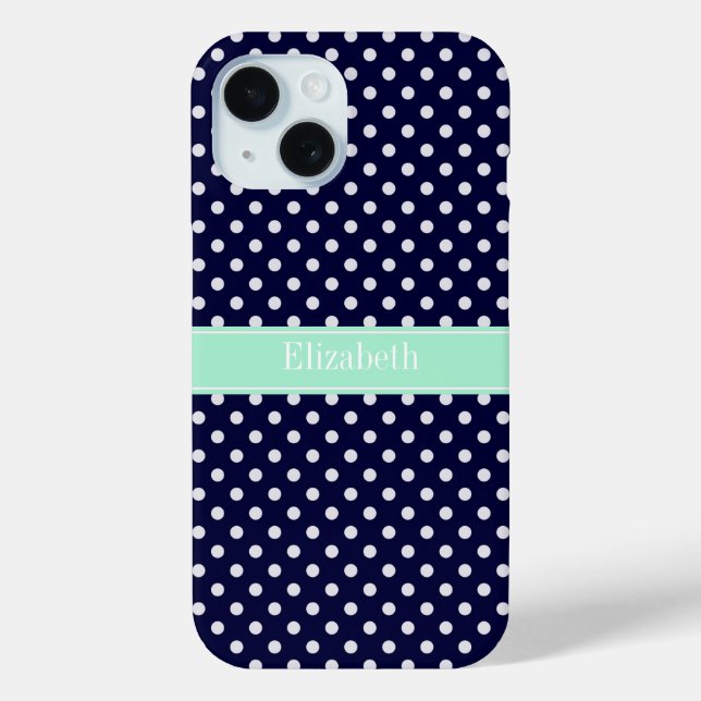 Navy Blue White Polka Dots Mint Name Monogram Case-Mate iPhone Case (Back)