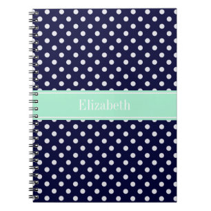 Navy Blue White Polka Dots Mint Name Monogram Spiral Notebook