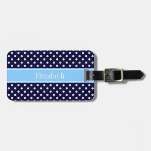 Navy Blue White Polka Dots Sky Blue Name Monogram Luggage Tag