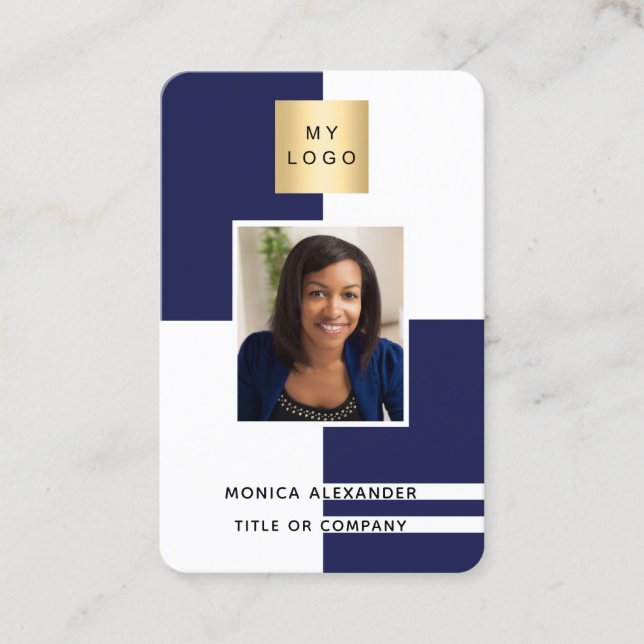 Navy blue white profile photo corporate QR code Business Card (Front)