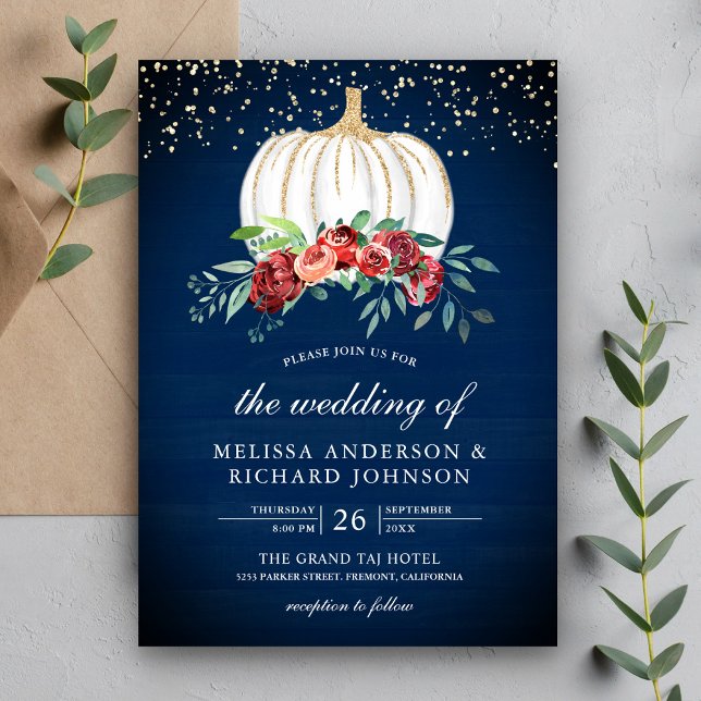 Navy Blue White Pumpkin Burgundy Floral Wedding Invitation (Creator Uploaded)