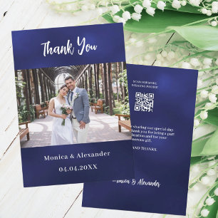 Navy blue white QR wedding photo thank you card