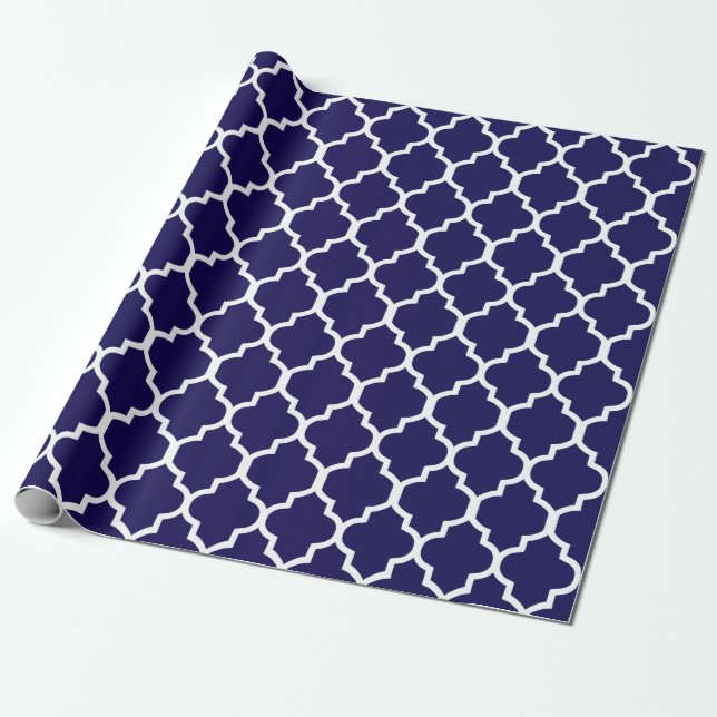 Navy Blue White Quatrefoil Custom Background Wrapping Paper (Unrolled)
