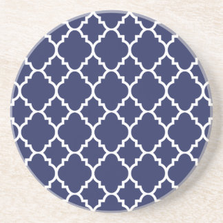 Navy Blue White Quatrefoil Moroccan Pattern Coaster