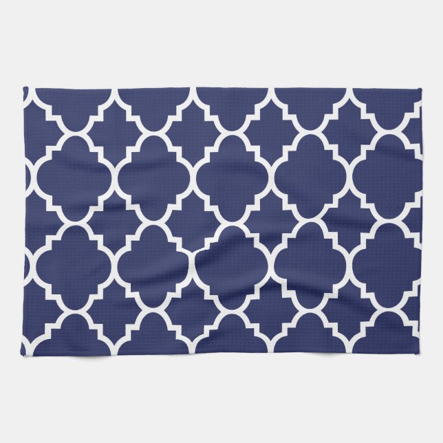 Navy Blue White Quatrefoil Moroccan Pattern Tea Towel (Horizontal)