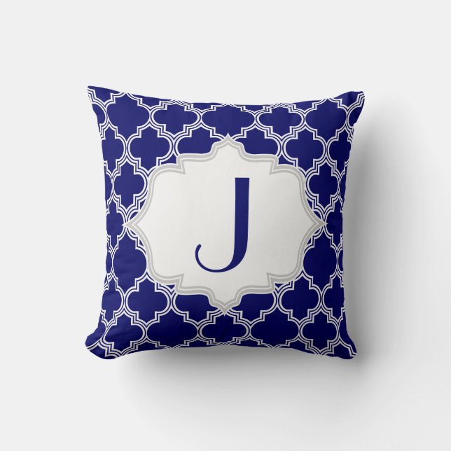 Navy blue, white quatrefoil Moroccan pattern throw Cushion (Front)