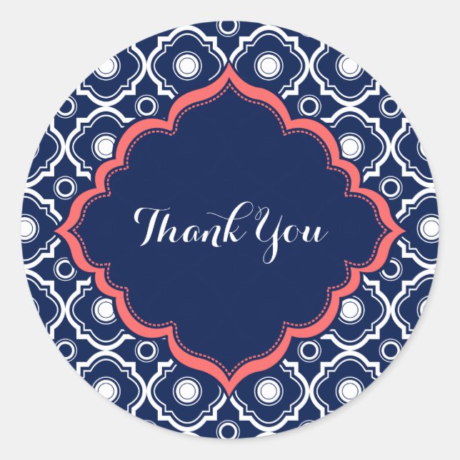Navy Blue & White Quatrefoil Pattern Classic Round Sticker (Front)