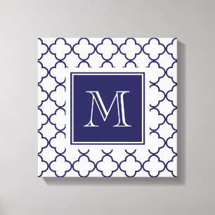Navy Blue, White Quatrefoil   Your Monogram Canvas Print