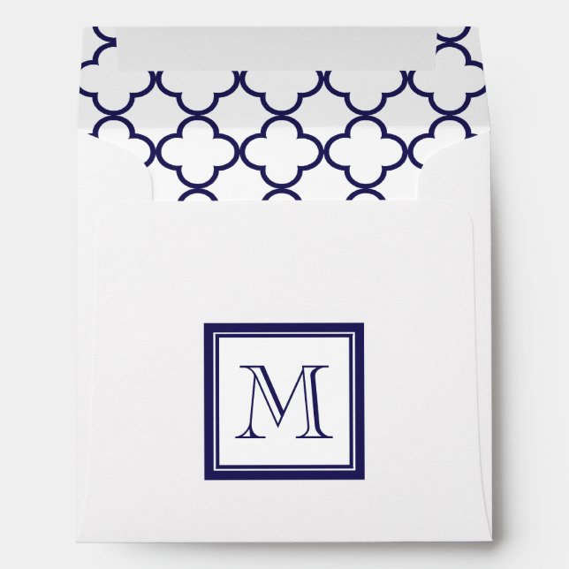 Navy Blue, White Quatrefoil | Your Monogram Envelopes (Back (Bottom))