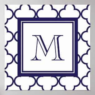 Navy Blue, White Quatrefoil Your Monogram Poster