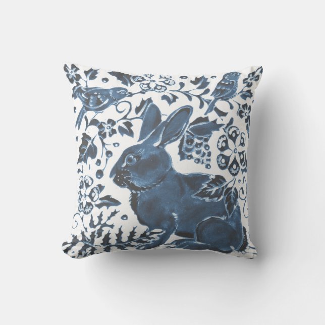 Navy Blue White Rabbit Bird Leaf Art Deco Asian Cushion (Front)