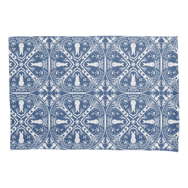 Navy Blue & White Rabbit & Bird Medallion Pattern Pillowcase (Front)