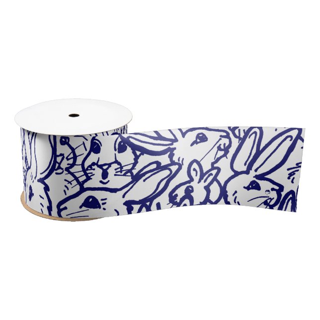 Navy Blue White Rabbit Bunny Cute Whimsical Satin Ribbon (Spool)