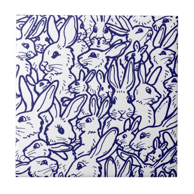 Navy Blue White Rabbit Bunny Drawing Cute Unique Tile (Front)