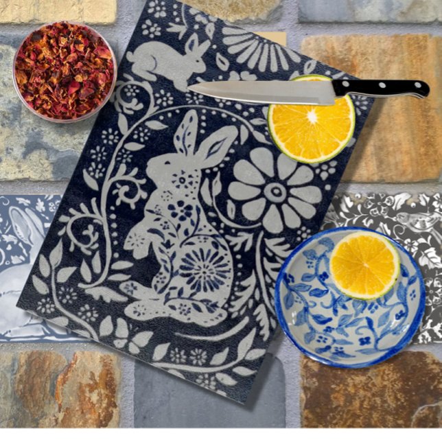 Navy Blue White Rabbit Floral Folk Scandinavian Cutting Board (Creator Uploaded)