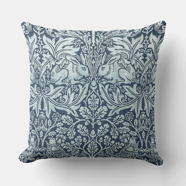 Navy Blue White Rabbit William Morris Cushion (Front)
