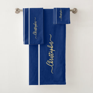 Navy Blue White Racing Stripes Faux Gold Monogram Bath Towel Set