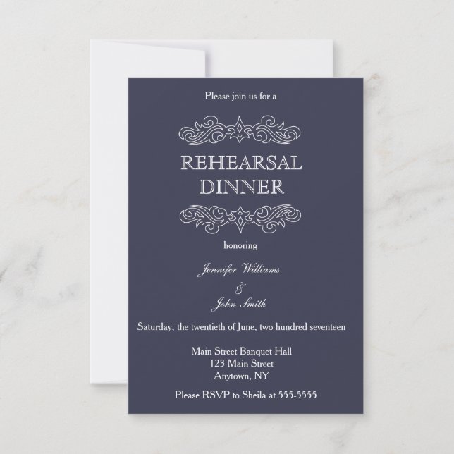 Navy Blue & White Rehearsal Dinner Invitations (Front)