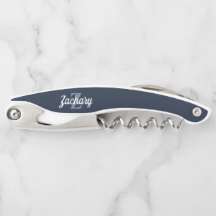 Navy Blue White Retro Monogram Personalised Corkscrew