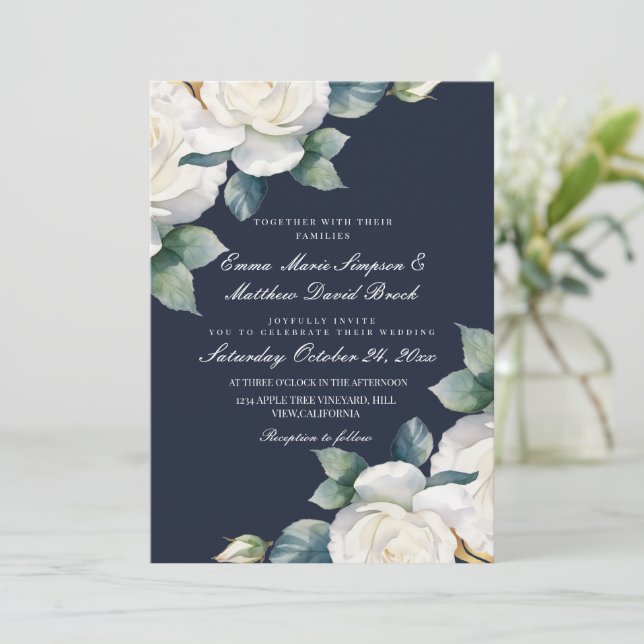 Navy Blue & White Rose Floral Wedding Invitation (Standing Front)