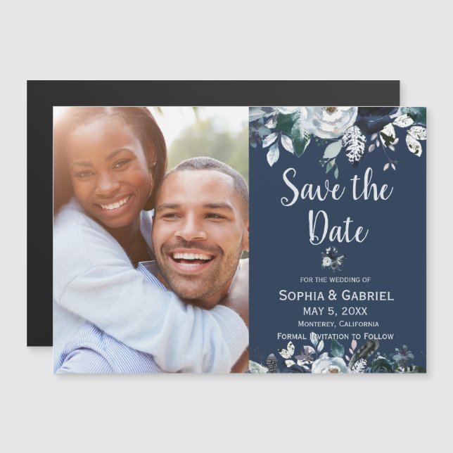 Navy Blue White Rose Floral Wedding Save the Date Magnetic Invitation (Front/Back)