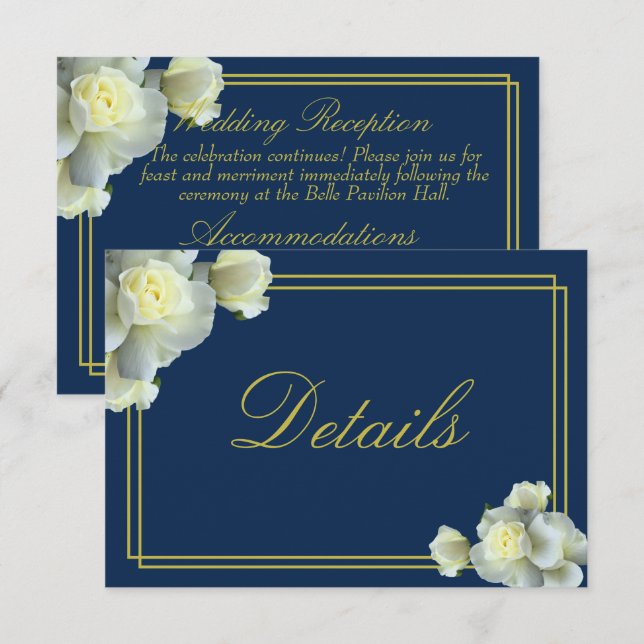 Navy Blue White Rose Reception Accom Details Enclosure Card (Front/Back)