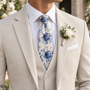 Navy Blue & White Rose Tie
