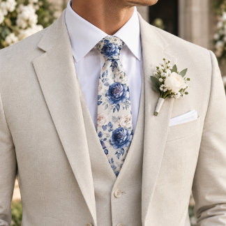 Navy Blue & White Rose Tie
