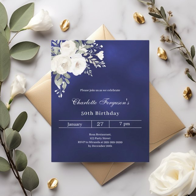 Navy blue white roses birthday invitation (Creator Uploaded)